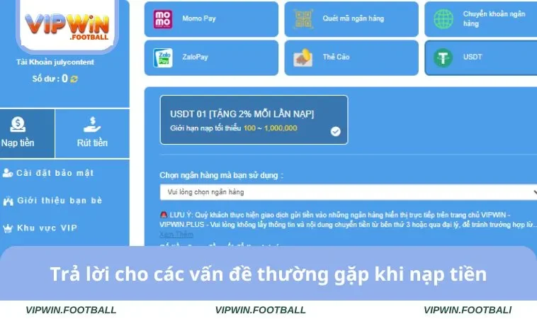 Nạp Tiền VIPWIN 3 Trả lời cho các vấn đề thường gặp khi nạp tiền